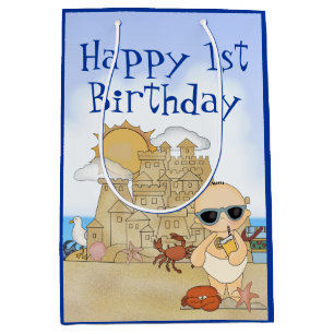 Cool Beach Baby Sandcastle Boy Baby 1st Birthday Medium Gift Bag