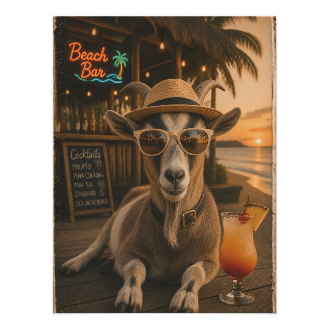 Cool Beach Goat with Cocktail Poster (Front)