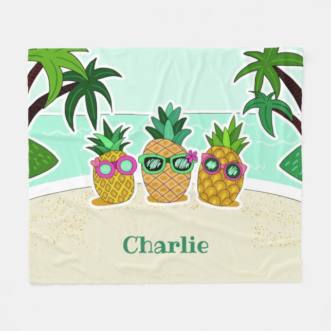 Cool Beach Pineapples custom name fleece blankets (Front (Horizontal))