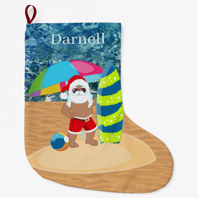 cool beach Santa add name Large Christmas Stocking (Front)
