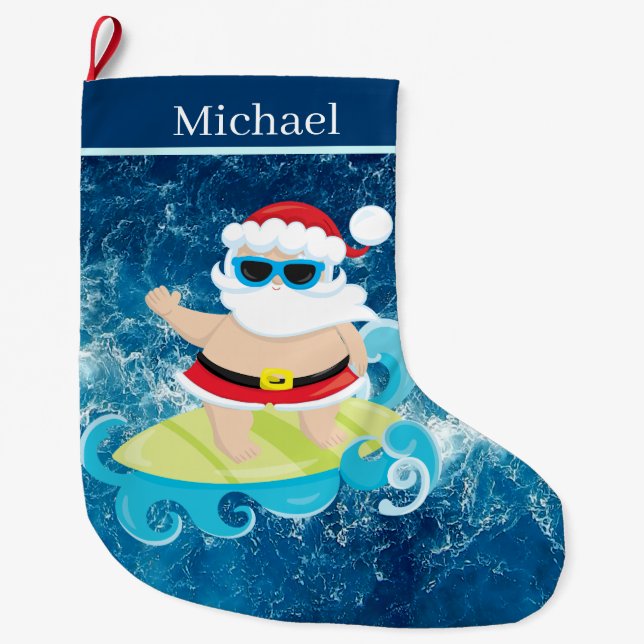 cool Beach surfing Santa Small  Large Christmas Stocking (Front)