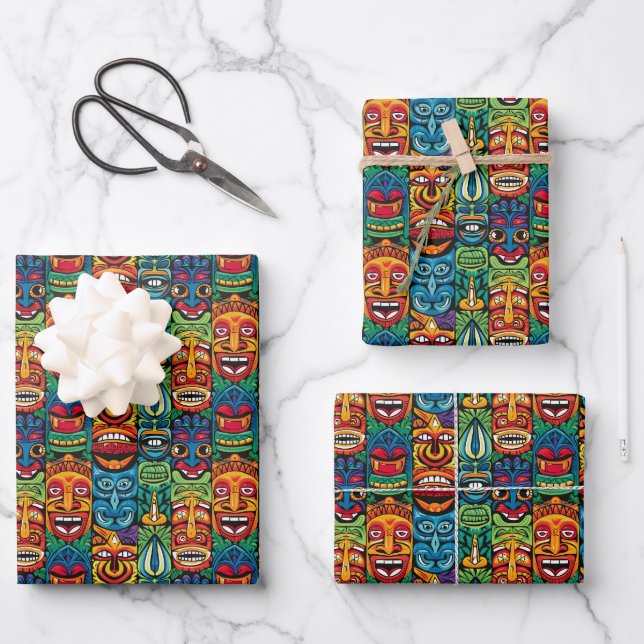 Cool beach tiki head tiled pattern  wrapping paper sheet (Front)