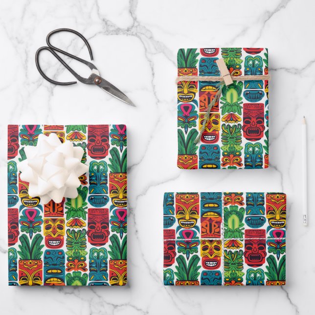 Cool beach tiki head tiled pattern  wrapping paper sheet (Front)