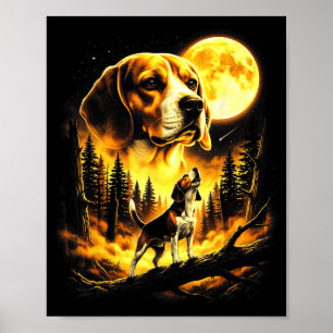 Cool Beagle Dog Howling to The Moon Vintage 90s Poster