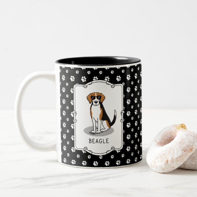 Cool Beagle with Sunglasses (tri colour 3) Funny Two-Tone Coffee Mug (With Donut)