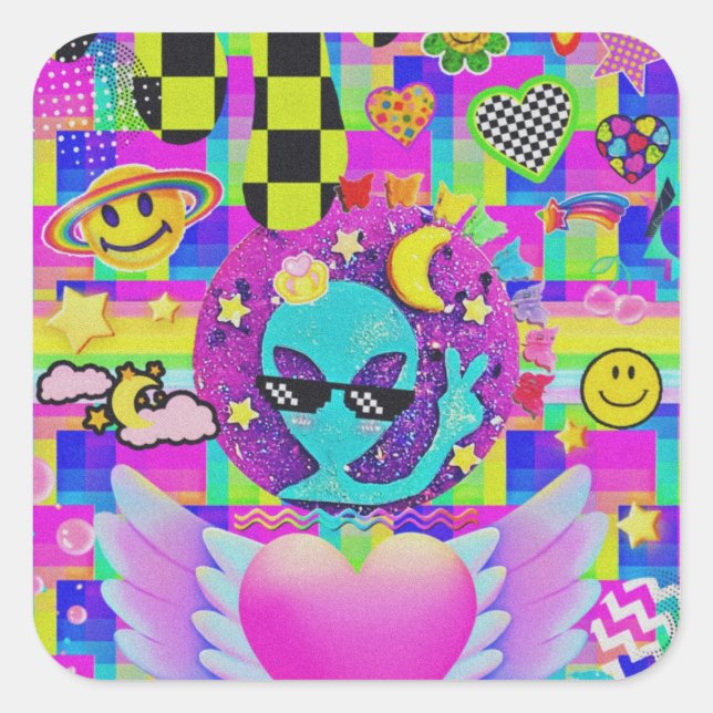 Cool Beans Alien | Funny Retro Trippy Alien Art Square Sticker (Front)