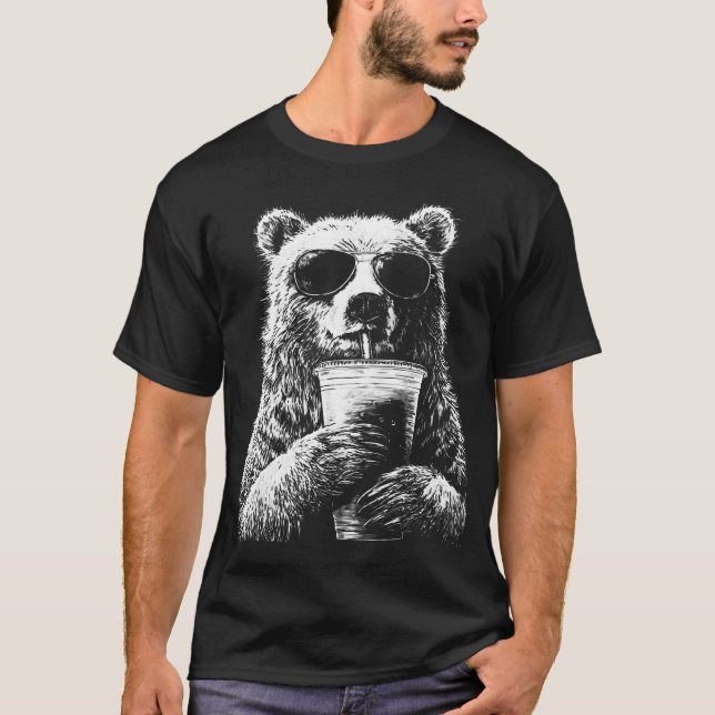 Cool Bear Drinking Iced Coffee Funny Animal Meme T-Shirt (Front)
