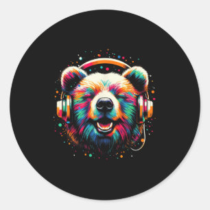 Cool Bear Headphone Music Art Christmas Birthday Classic Round Sticker