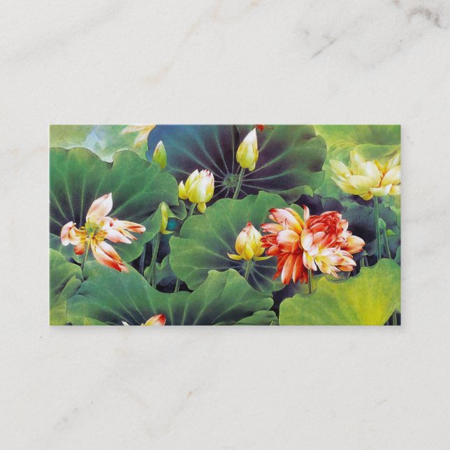 Cool beautiful chinese lotus flower green leaf art business card (Front)