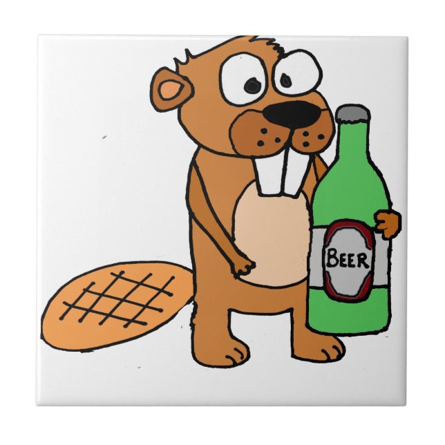 Cool Beaver Drinking Beer Cartoon Ceramic Tile (Front)