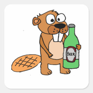 Cool Beaver Drinking Beer Cartoon Square Sticker