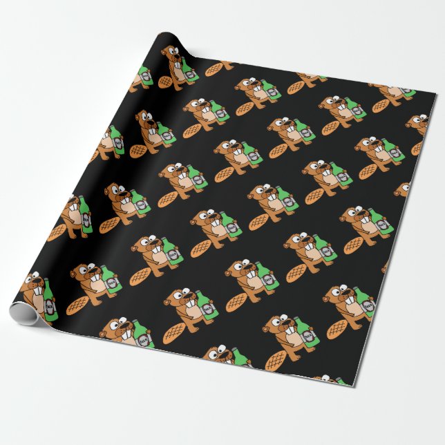 Cool Beaver Drinking Beer Cartoon Wrapping Paper (Unrolled)