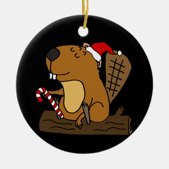 Cool Beaver in Santa hat Christmas Cartoon Ceramic Ornament (Front)
