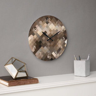 Cool Beige Brown Abstract Rounded Squares Pattern Large Clock