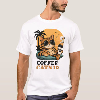 Cool Bengal Cat Coffee and Catnip Retro Sunset Gra T-Shirt