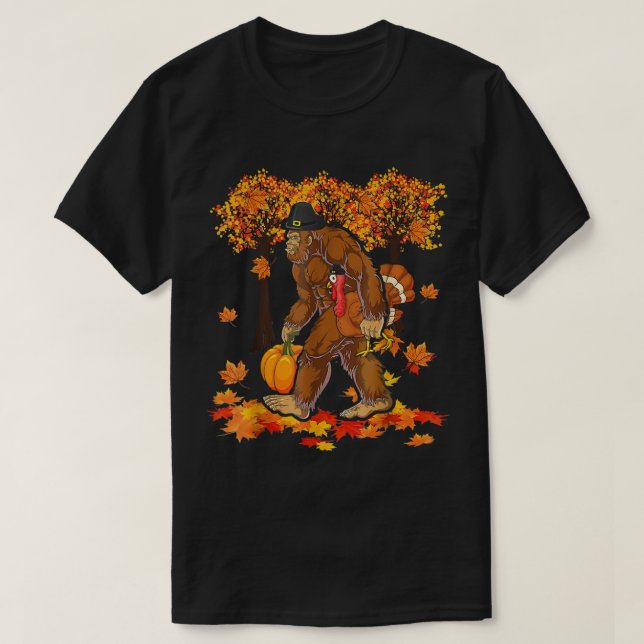 Cool Bigfoot Holding Pumpkin And Turkey Thanksgivi T-Shirt (Design Front)