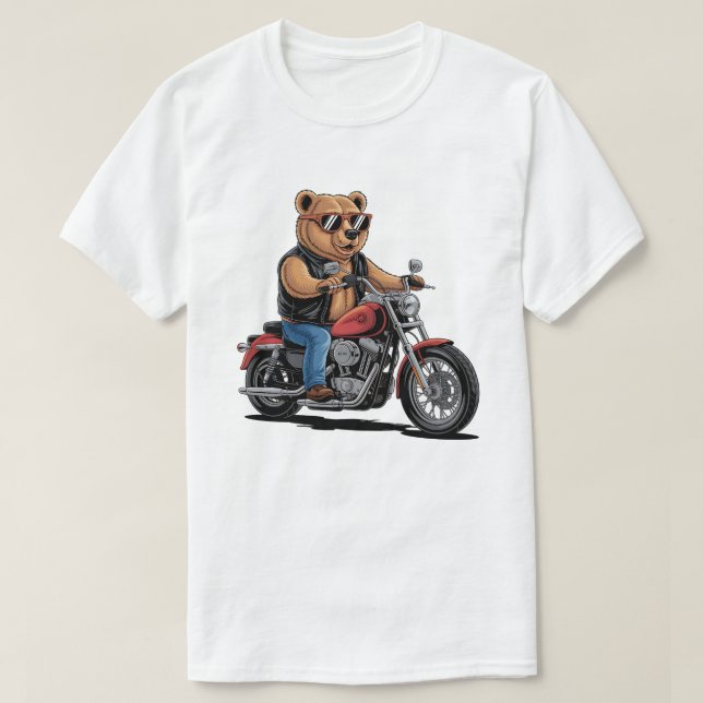 Cool Biker Bear on Bobber Motorcycle T-Shirt (Design Front)