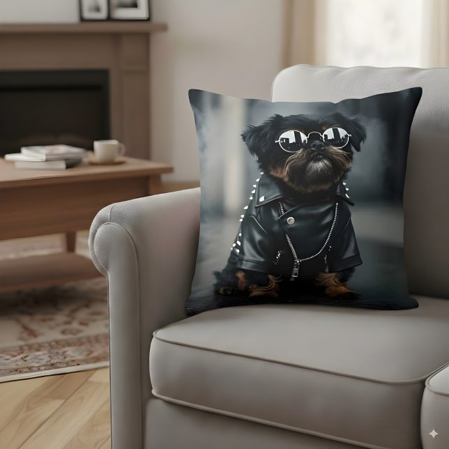 Cool Biker Dog with Sunglasses Funny Punk Rock Cushion (Creator Uploaded)
