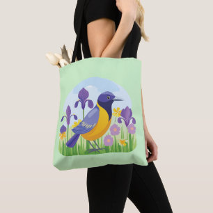Cool Bird in Field of Iris Flowers Tote Bag