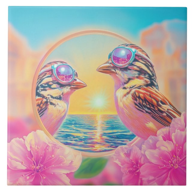 Cool Birds with Sunglasses at Sunset Ceramic Tile (Front)