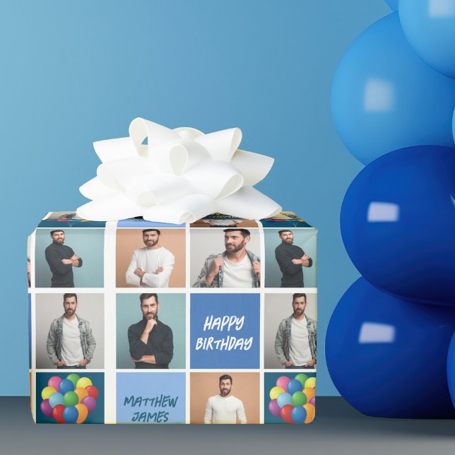 Cool Birthday Boy Mens Photo Collage Personalised Wrapping Paper (Creator Uploaded)