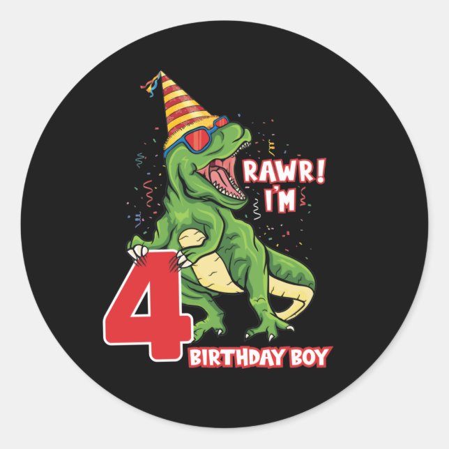 cool Birthday dinosaur boys age four Classic Round Sticker (Front)