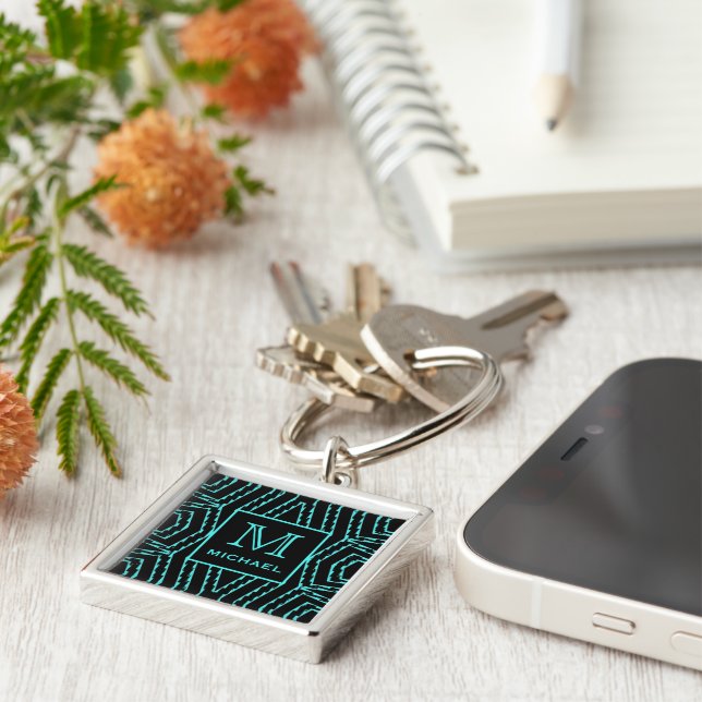 Cool Black and Blue Jagged ZigZag Pattern Monogram Key Ring (Side)