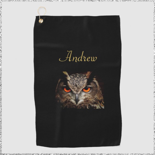 Cool Black and Gold Fierce Owl Golf Towel (Creator Uploaded)