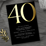 Cool Black and Gold | Womens or Mens 40th Birthday<br><div class="desc">Modern minimal style 40th birthday invitations with heading "40" text in real metallic foil. Your event details are printed in matte white. Black with gold accents.</div>