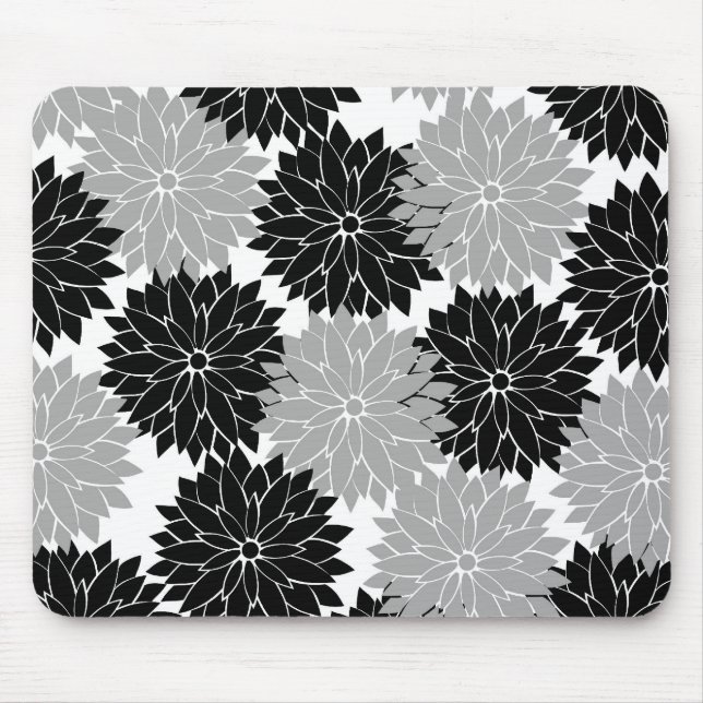 Cool Black and Grey Flower Blossoms Floral Print Mouse Pad (Front)