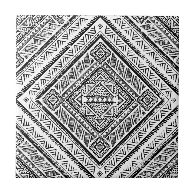 Cool Black and White Aztec Tribal Pattern Ceramic Tile (Front)