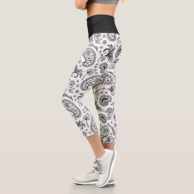 Cool Black And White Bandanna Paisley Capri Leggings (Left)
