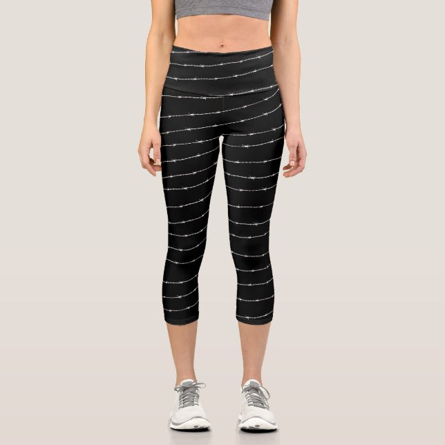 Cool black and white barbed wire pattern capri leggings (Front)