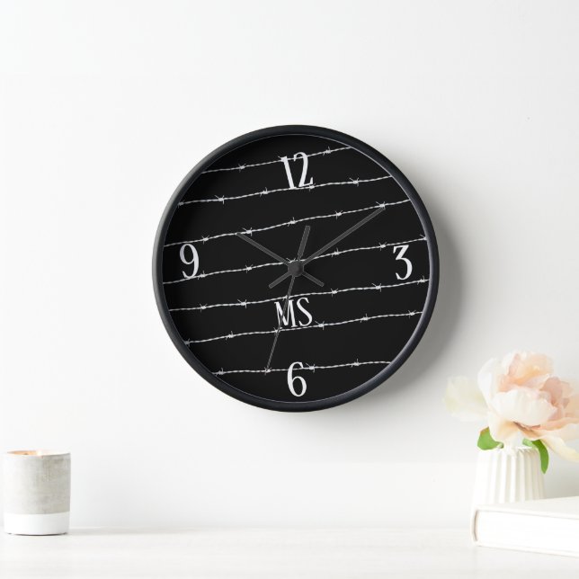 Cool black and white barbed wire pattern Monogram Clock (Home)