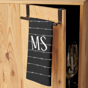 Cool black and white barbed wire pattern Monogram Tea Towel