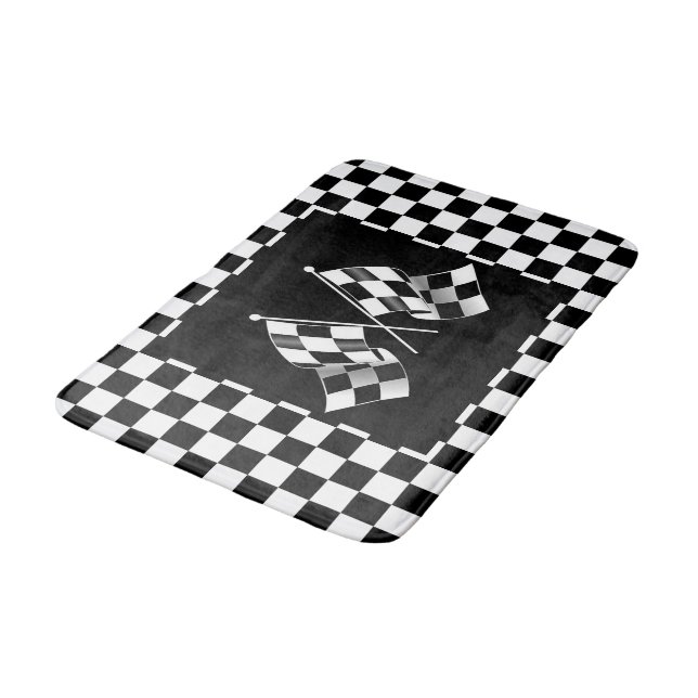 Cool Black And White Checkered Flag Pattern Bath Mat (Angled)