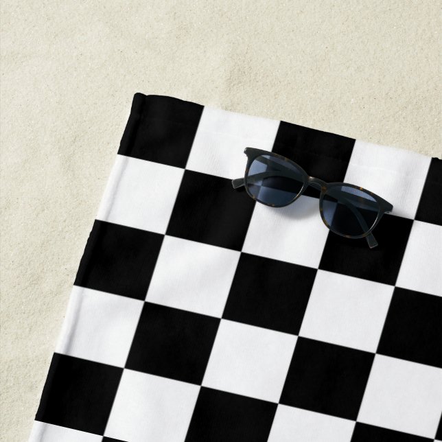 Cool Black And White Chequered Flag Pattern Beach Towel (In Situ)
