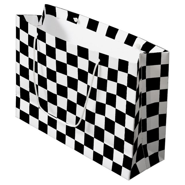 Cool Black And White Chequered Flag Pattern Large Gift Bag (Front Angled)