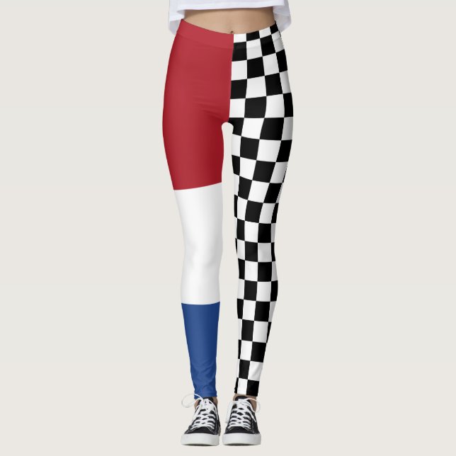 Cool Black And White Chequered Flag Pattern Print Leggings (Front)