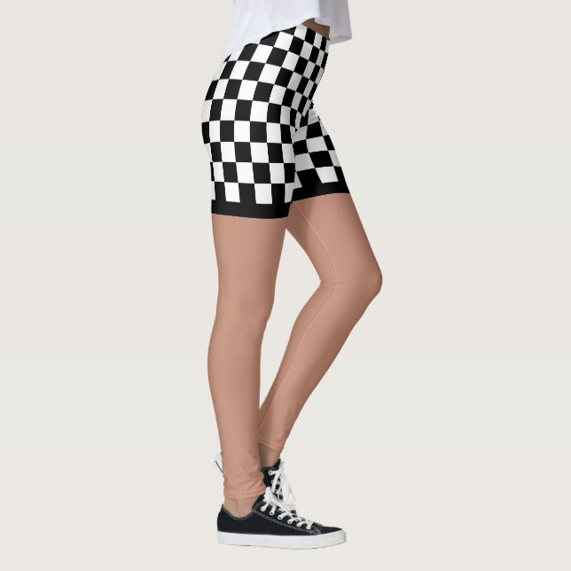 Cool Black And White Chequered Flag Pattern Print Leggings (Right)