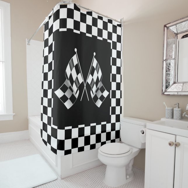 Cool Black And White Chequered Flag Pattern Shower Curtain (In Situ)