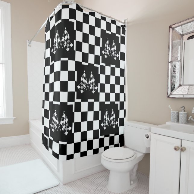 Cool Black And White Chequered Flag Pattern Shower Curtain (In Situ)
