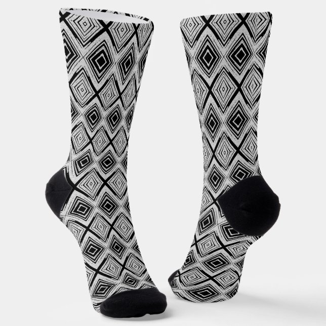 Cool Black and White Diamond Rectangular Pattern Socks (Angled)