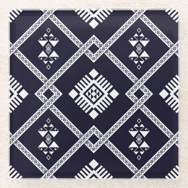 Cool Black and White Geometric Oriental Pattern Glass Coaster (Front)