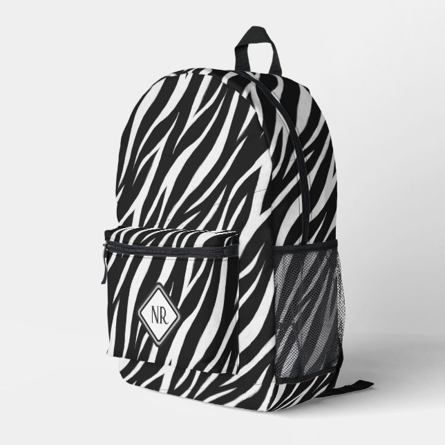  Cool Black And White Pattern Zebra Print Monogram Printed Backpack (Back Corner Right)