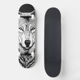 Cool Black and White Wolf Face Skateboard