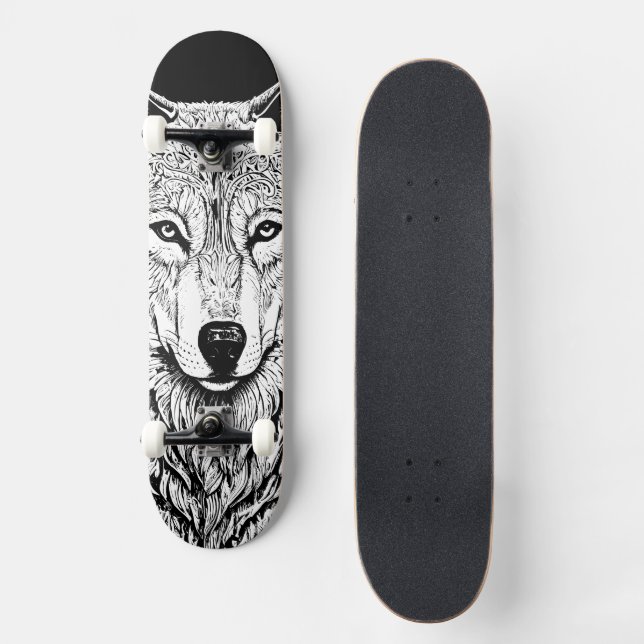 Cool Black and White Wolf Face Skateboard (Front)
