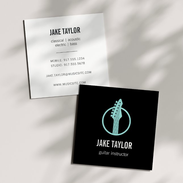 Cool Black & Aqua Guitar Instructor Square Business Card (Creator Uploaded)