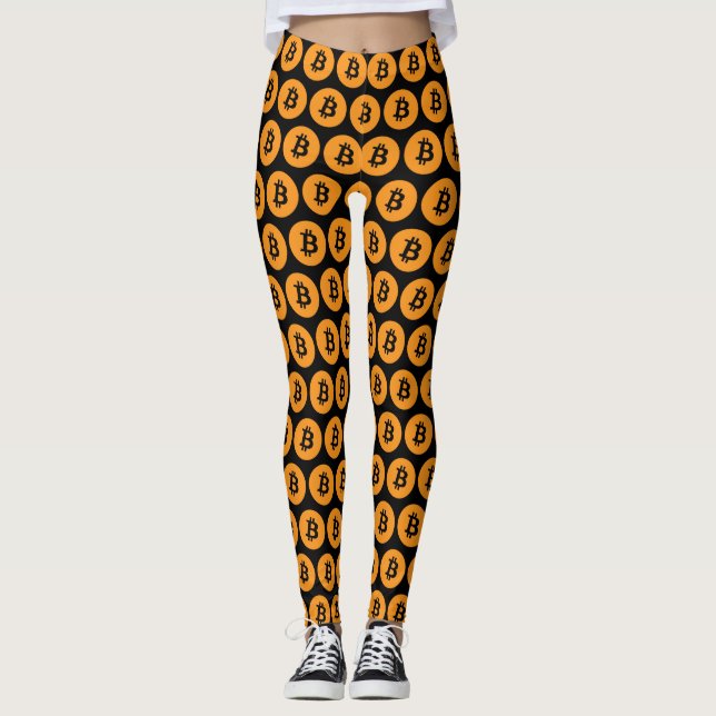 Cool Black Bitcoin Cryptocurrency Coin Sign Leggings (Front)