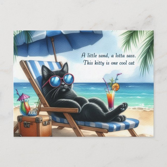 Cool Black Cat at  Beach  Postcard (Front)